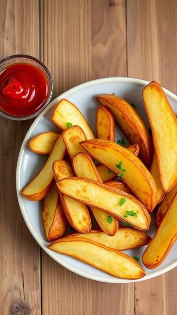 Crispy potato wedges on a plate with ketchup, on a rustic wooden table.